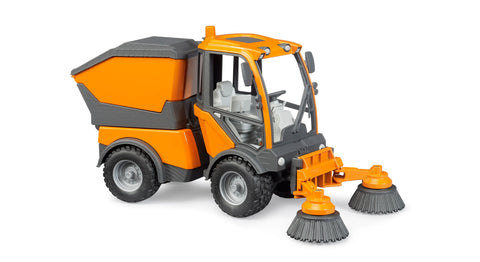 Bruder VarioCar street sweeper toy side view with large dust hopper and working brushes