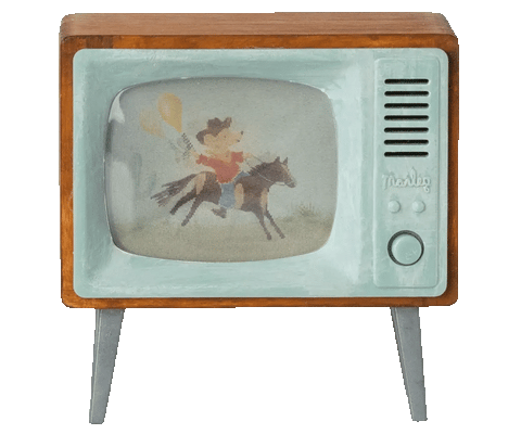 Front view of a wooden television with mint-green casing and an illustrated screen