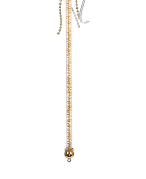 Gold-tone beaded wand handle with round cap and long beaded chain tail