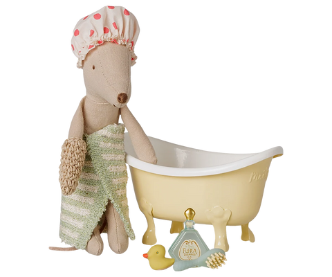 Mouse bathtub set with a yellow tub, striped towel, spotted cap, bath brush, duck, and bottle