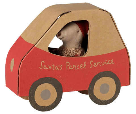 Cardboard Christmas car box with a mouse doll visible through the window