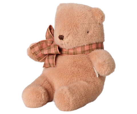 Seated mini teddy bear plush in vintage rose with a plaid neck bow