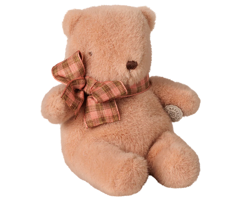 Mini vintage rose teddy bear plush with a plaid bow tie and embroidered face
