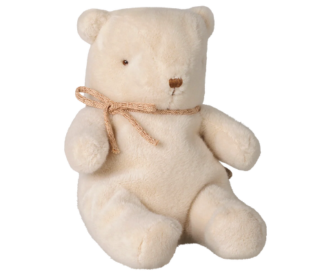 Small off-white teddy bear plush with a brown nose and tan cord bow