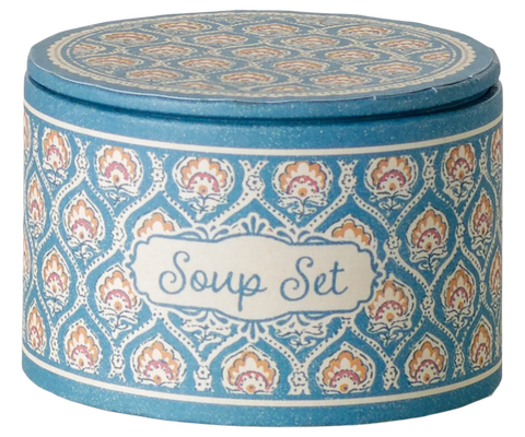 Round blue patterned tin labeled Soup Set