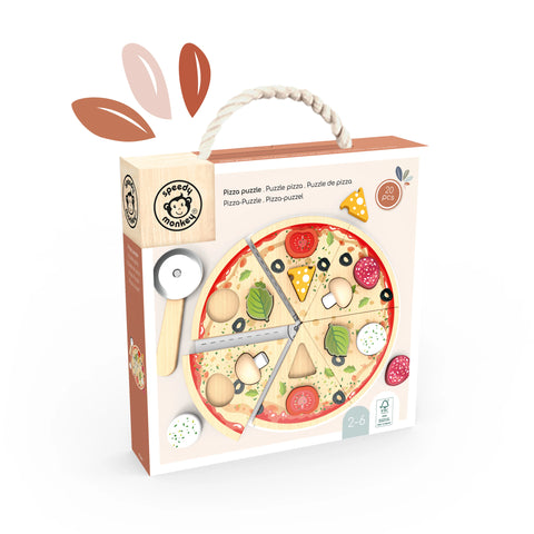 Pizza puzzle box with wooden pizza slices and assorted topping pieces inside