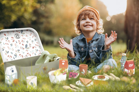 Open picnic basket with patterned lid, cups and food boxes on green mat