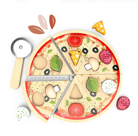 Round wooden pizza puzzle with removable slice pieces and toppings