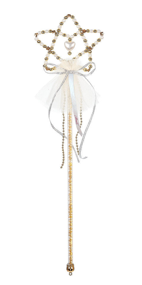 Beaded wand with heart centerpiece, jeweled crown top, and long dangling strands