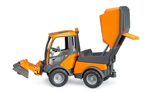Bruder VarioCar street sweeper toy with raised hopper and open side broom attachment
