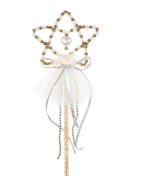 Beaded wand with white bow, heart charm, dangling pearl-like strands