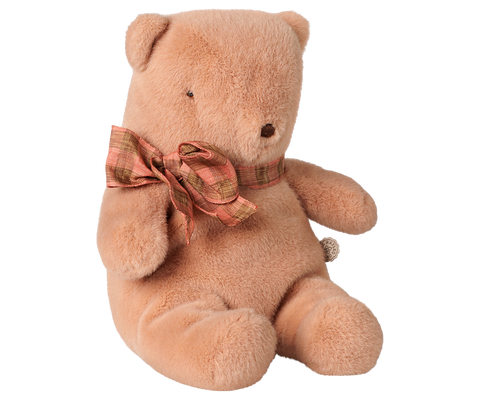 Small vintage rose teddy bear plush with soft fur and a plaid ribbon bow