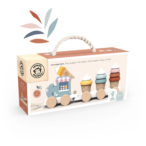 Ice cream train toy gift box with pictured wooden stacking cones and wheels