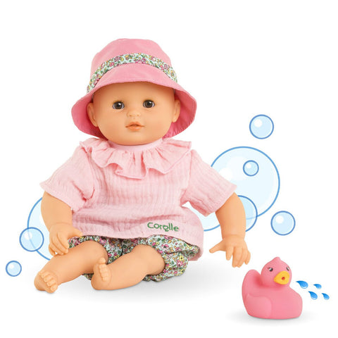 Baby bath bloomers on doll: pink floral shorts with elastic waistband