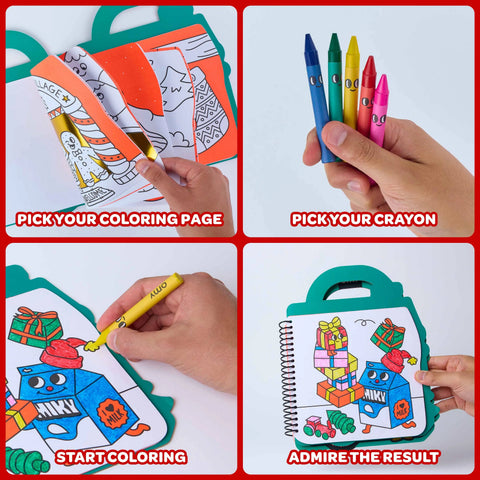 Four-step coloring guide showing choosing pages, crayons, and a decorated book