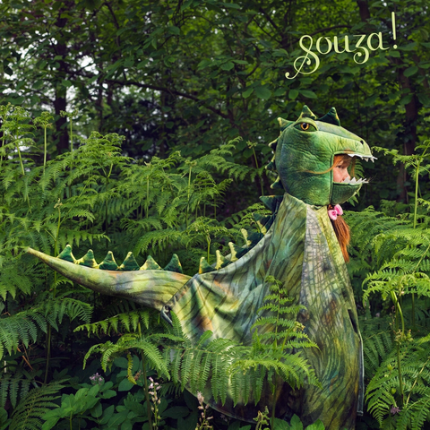 Green dragon costume with hood, open-mouth mask, and flowing cape