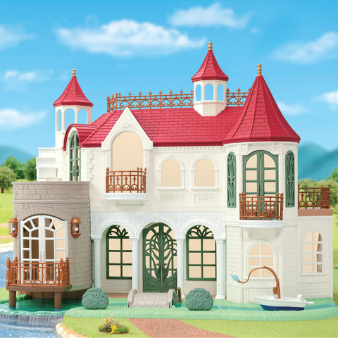 Red Roof Riverside Manor dollhouse exterior with red roofs, green doors, and pool