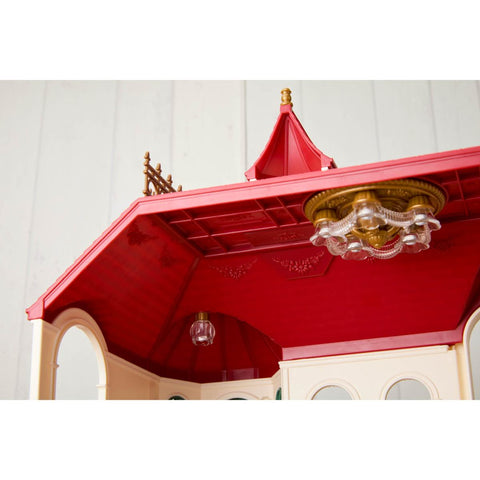 Red Roof Riverside Manor dollhouse roof close-up with red shingles and golden lantern