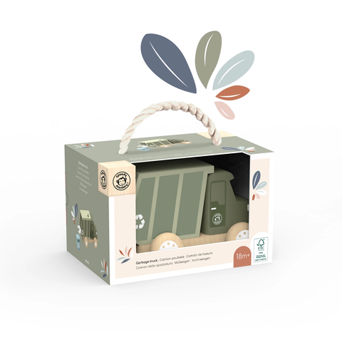 Wooden-style toy garbage truck in gift box with handle and Speedy Monkey graphics