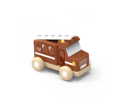 Brown fire truck toy with ladder, white wheels, and yellow light on roof