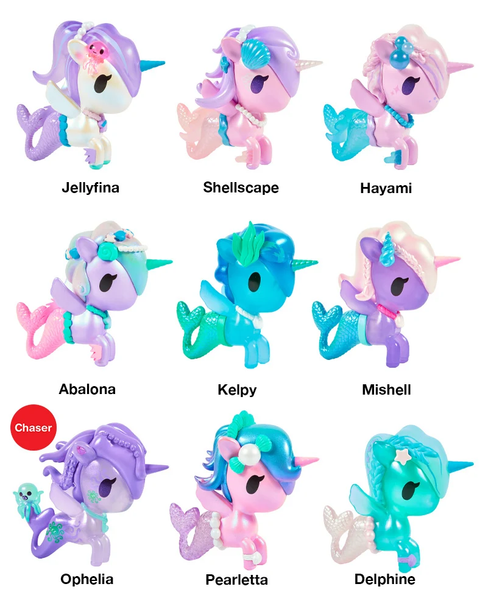 Eight mermaid unicorn blind box figures in pink, purple, and blue, assorted poses