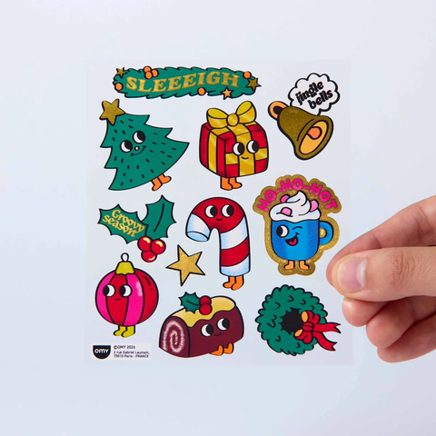 Sheet of Christmas stickers with tree, gift, candy cane, and ornaments