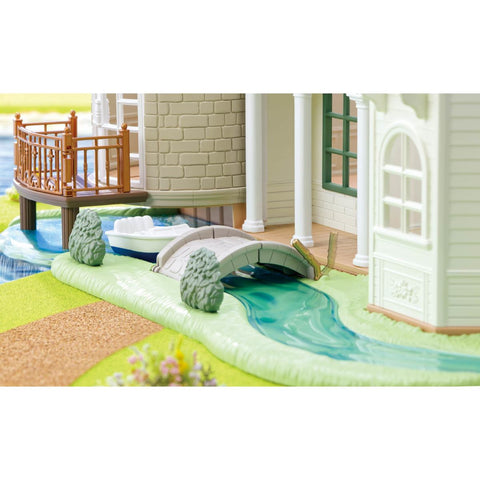Red Roof Riverside Manor dollhouse pool deck with slide, seating, and steps