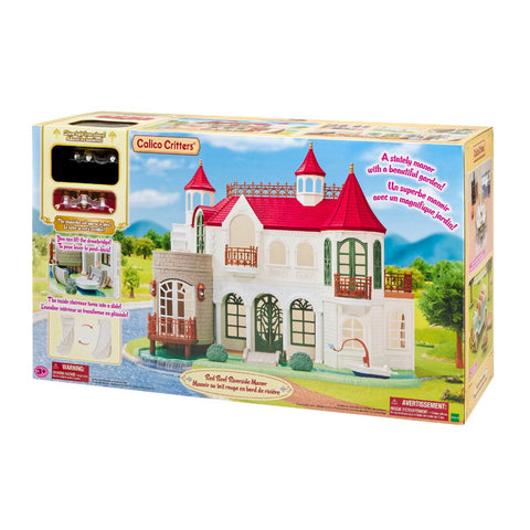 Red Roof Riverside Manor dollhouse kit box front with illustrated house and accessories
