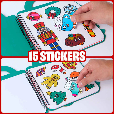 Christmas coloring book with 15 stickers, hand placing stickers on pages