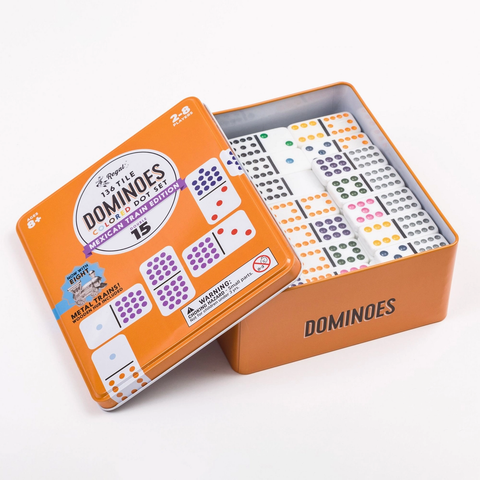 Mexican Train domino tile set in orange box, white tiles with colored pips