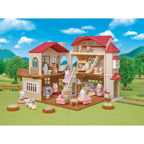 Two-story wooden dollhouse playset with red roof, balcony and bunny family figures