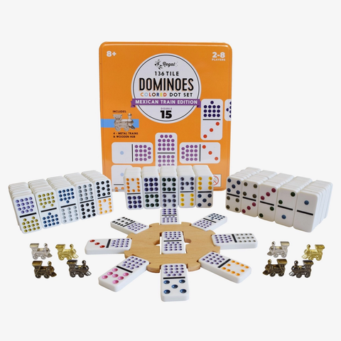 Mexican Train domino tile set, assorted white tiles with colored pips and scoring markers