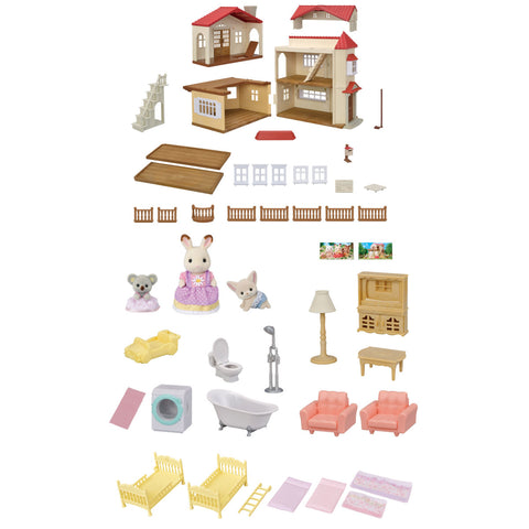 Dollhouse playset parts assortment: furniture, windows, roof pieces and bunny figures