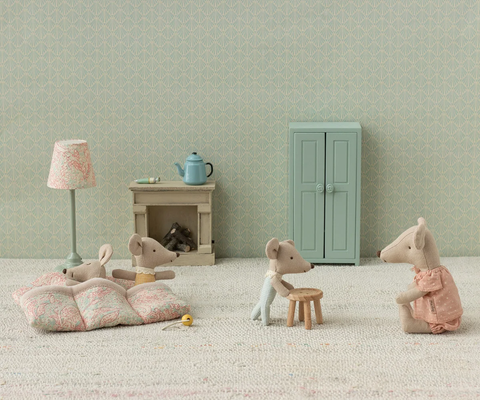 Baby mice plush set with three small mice, a larger mouse, and a matchbox bed.