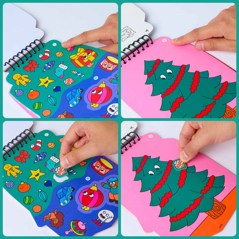 Sticker scenes in spiral notebook cover, hands placing colorful Christmas stickers