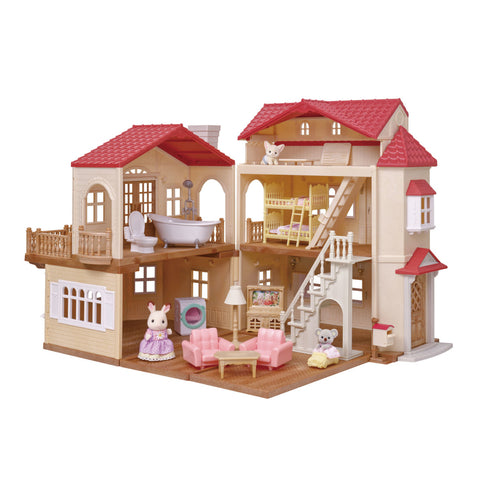 Wooden dollhouse playset with red roof, multi-level attic and bunny figures