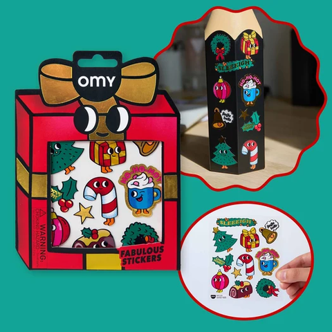 Christmas sticker set with box and round label, colorful character designs