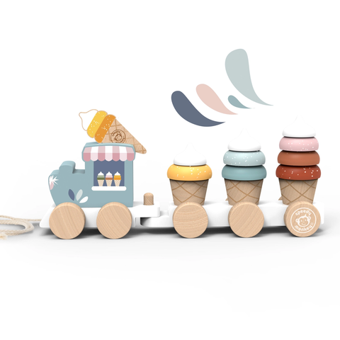 Wooden ice cream train toy with stackable cone pieces on wheels