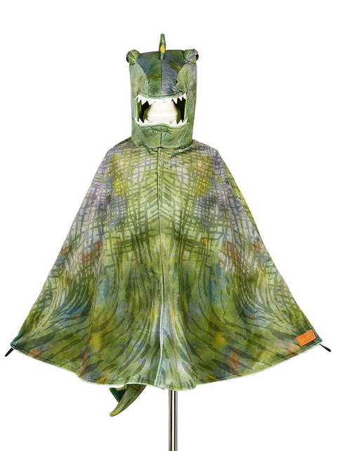 Green dragon costume cape with hood and jagged white teeth trim