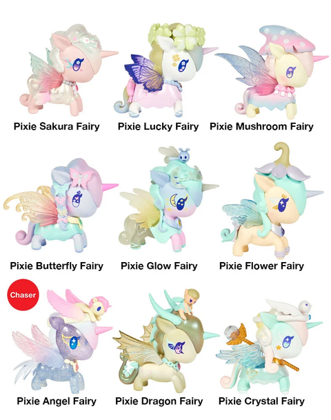 Assorted pastel fairy unicorn figurines with wings and horns, shown in multiple styles