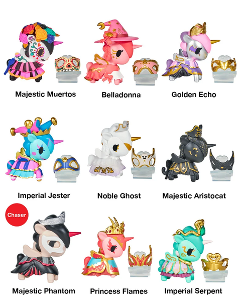 Unicorn blind box character display with nine mini figures in colorful outfits