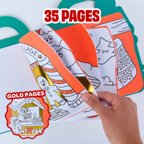 35-page Christmas coloring book with gold pages, shown with a coloring marker