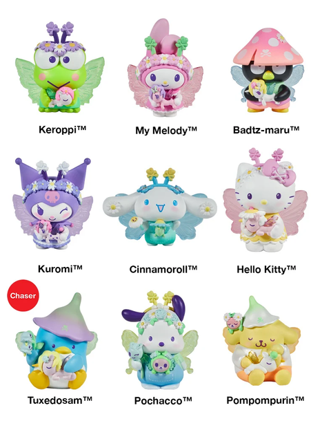 Assorted butterfly garden blind box figures: Keroppi, My Melody, Badtz-maru, Kuromi