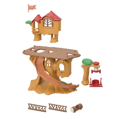 Wooden treehouse playset with slide and roof, plus small platform pieces and accessories